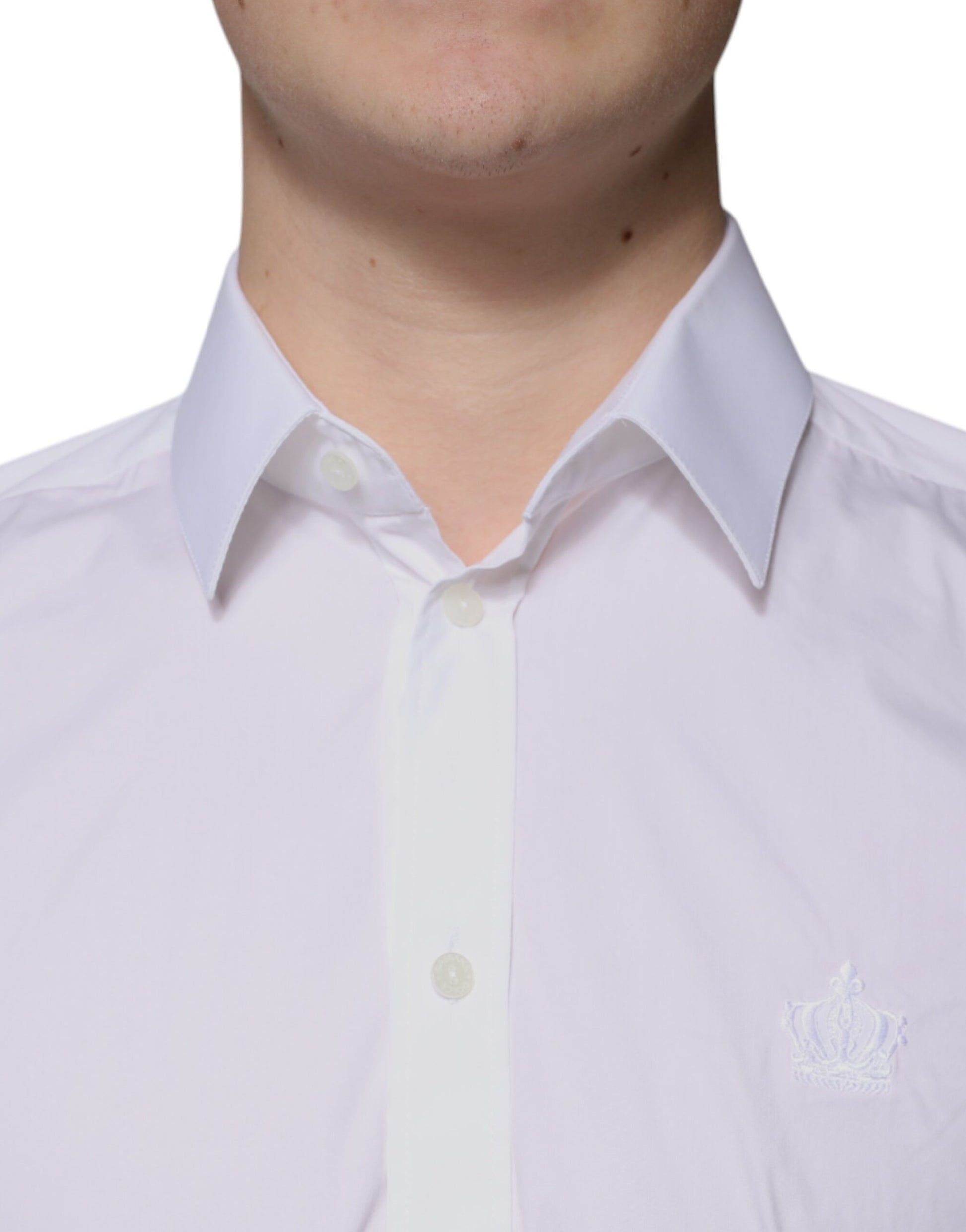 A mannequin wearing a white cotton slim fit men's dress shirt with a Martinis logo