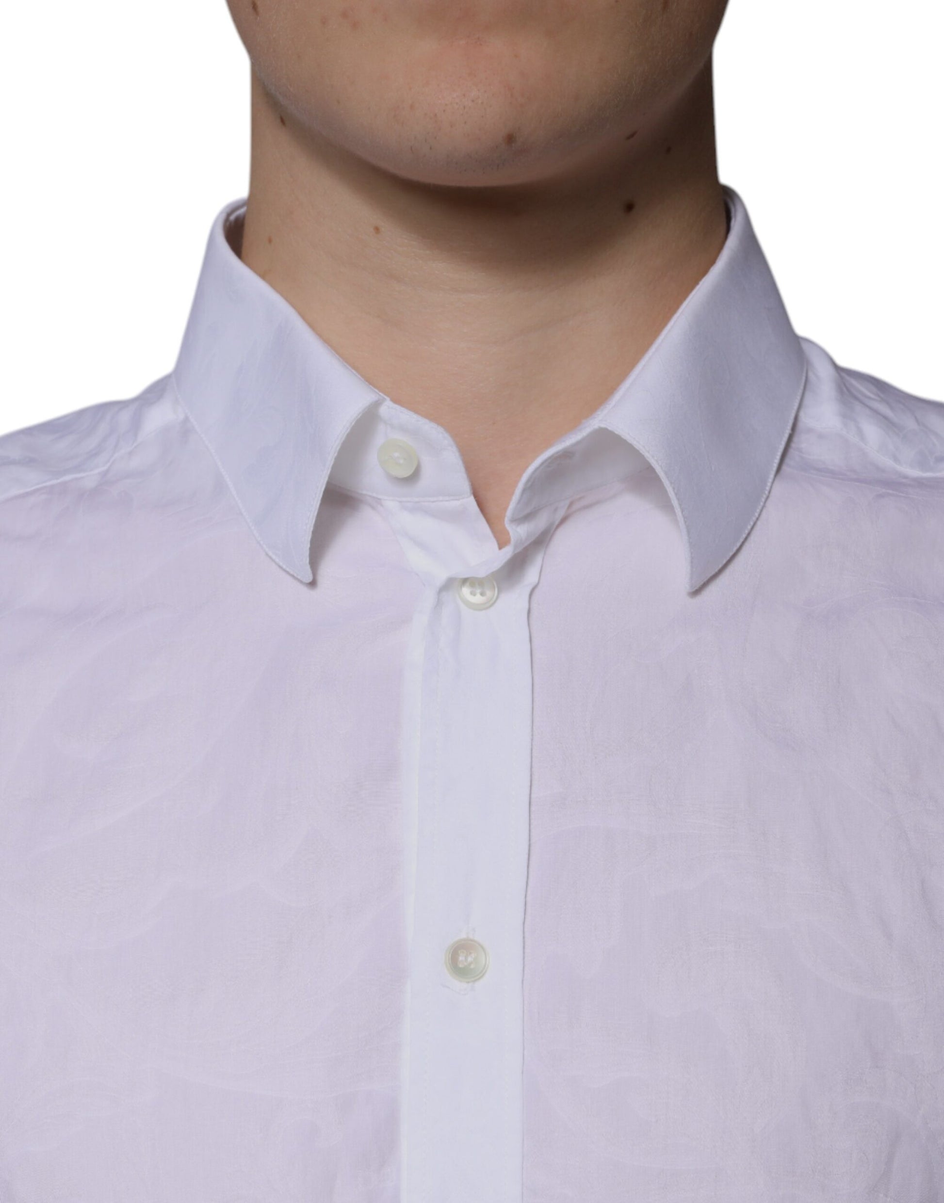A mannequin wearing a white cotton slim fit men's dress shirt