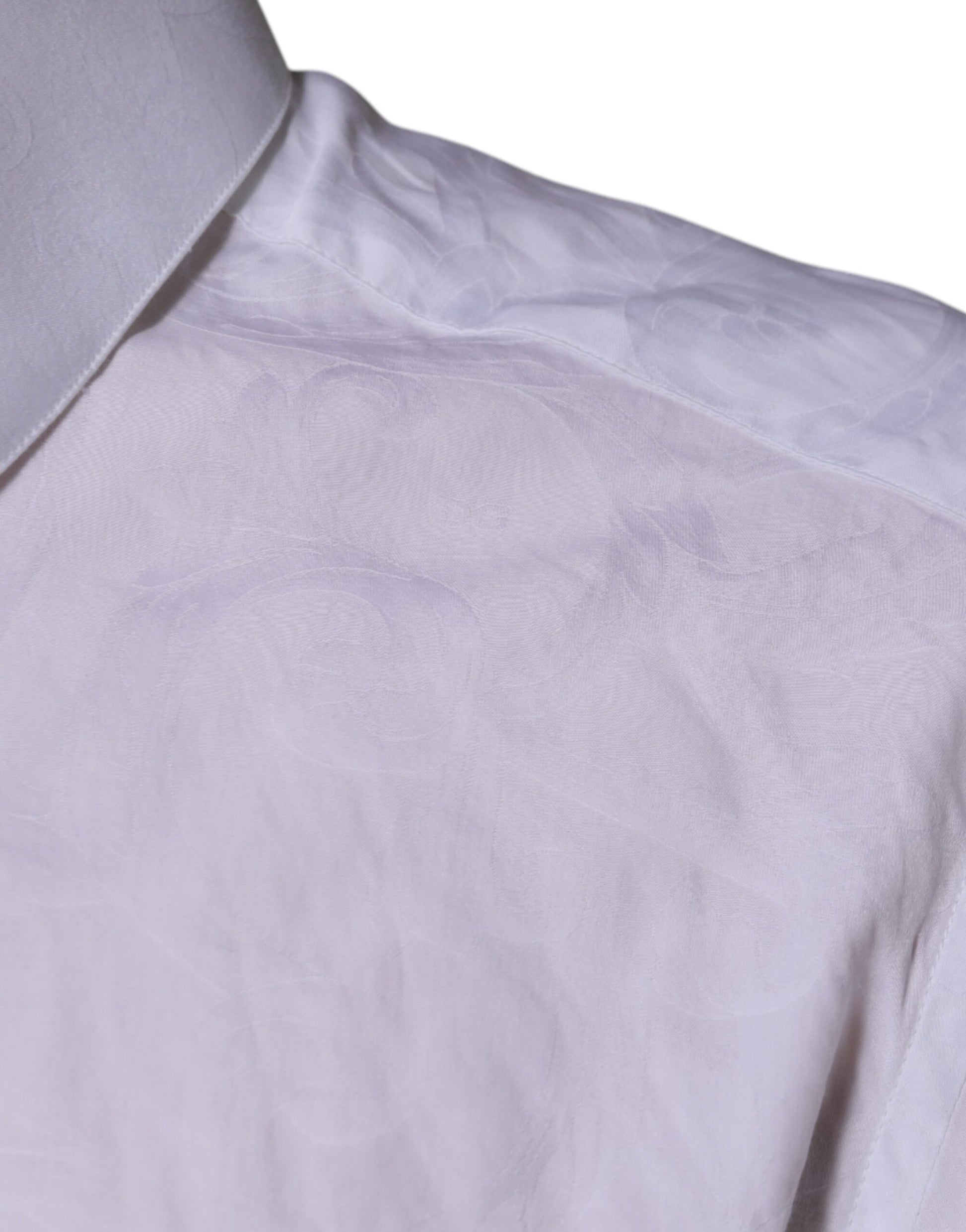 A white cotton dress shirt with a slim fit, featuring a textured pattern on the back