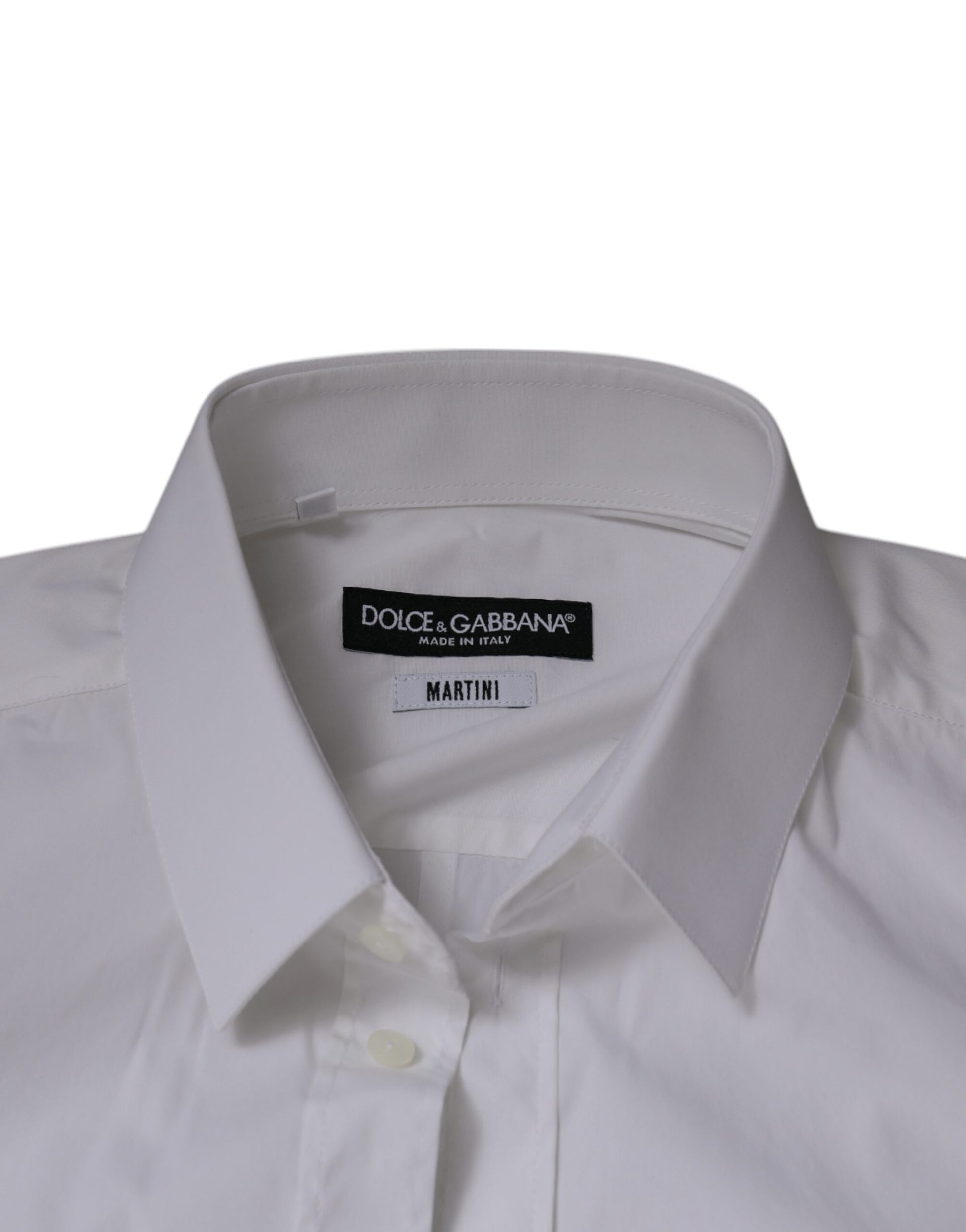 A white cotton dress shirt with a slim fit, featuring the Martinis label