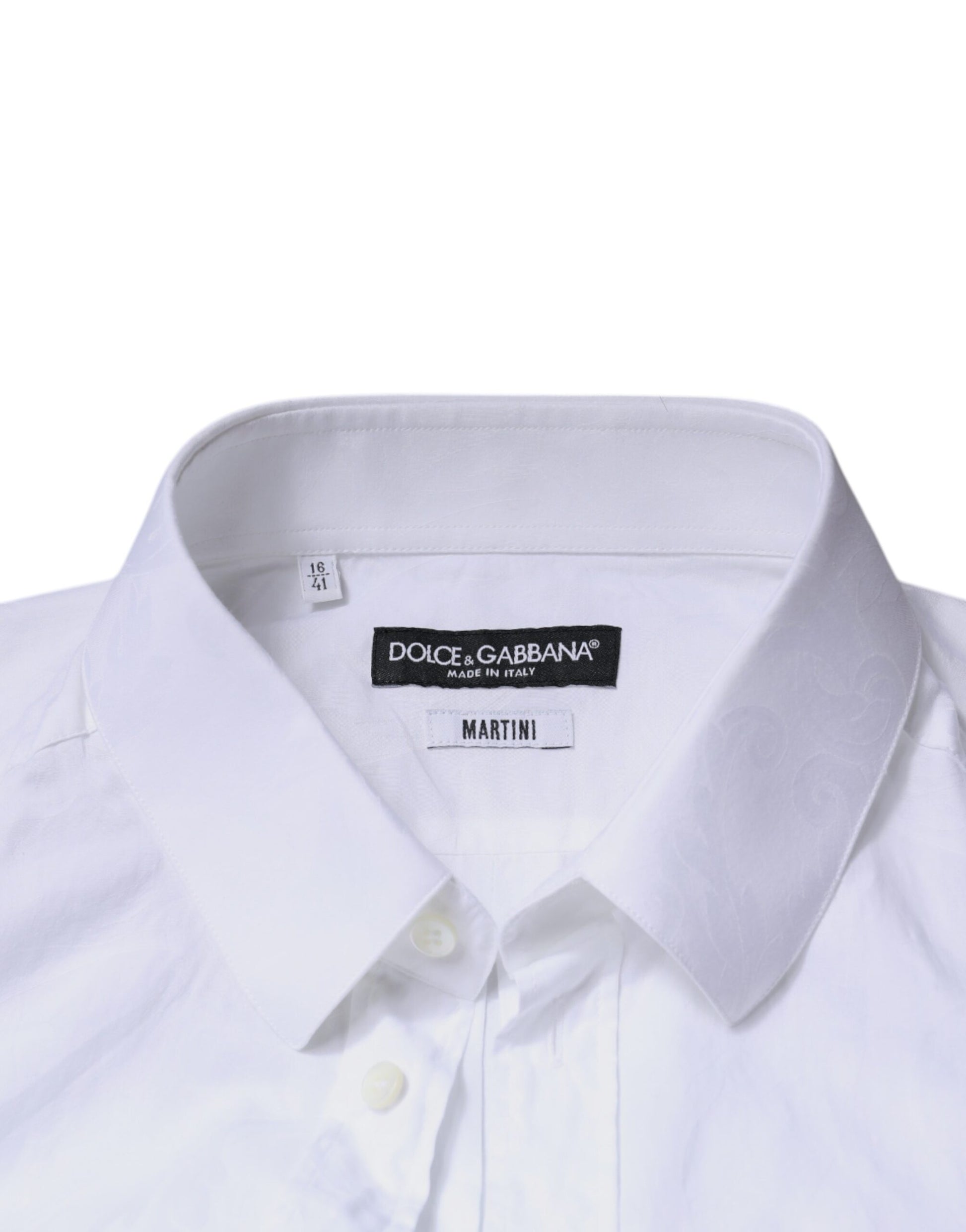A white cotton dress shirt with a slim fit, featuring the brand name "Dolce & Gabbana" and the model name "MARTINI"