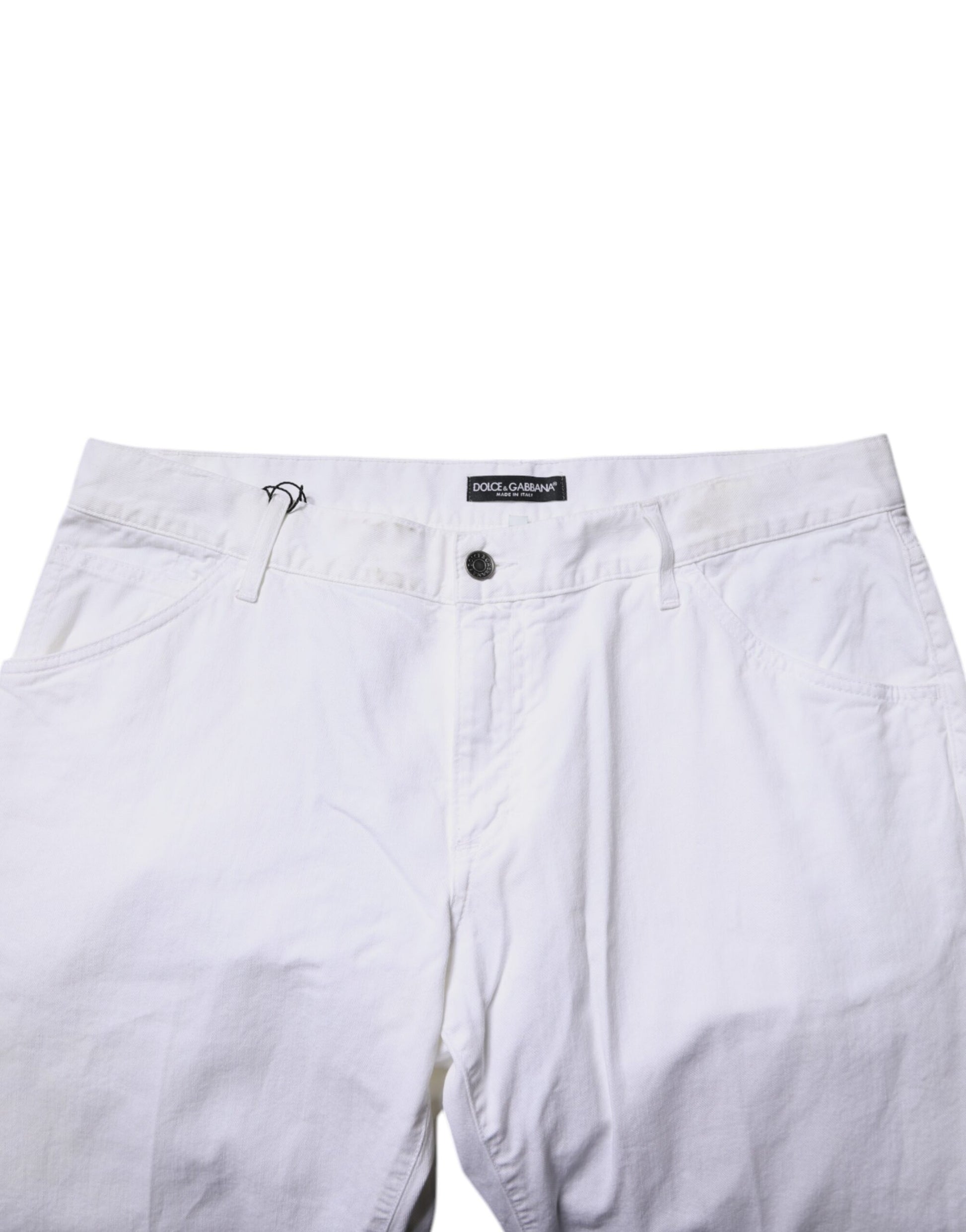 White shorts with black label on waistband