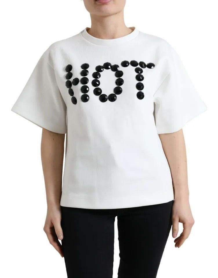 White sweater with "HOT" written in black letters on front