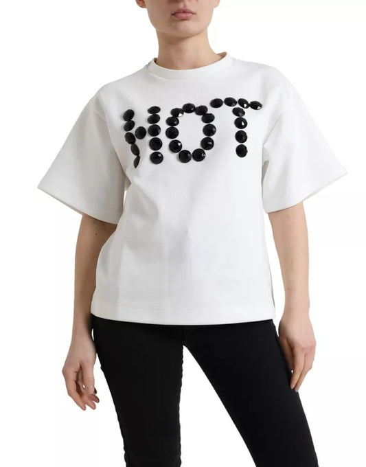 White cropped sweater with "HOT" written in black letters