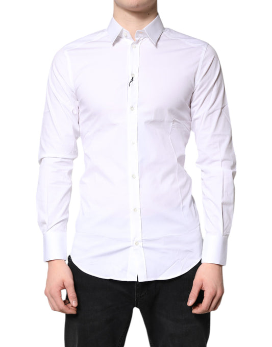 A mannequin wearing a white cotton stretch dress shirt with gold accents