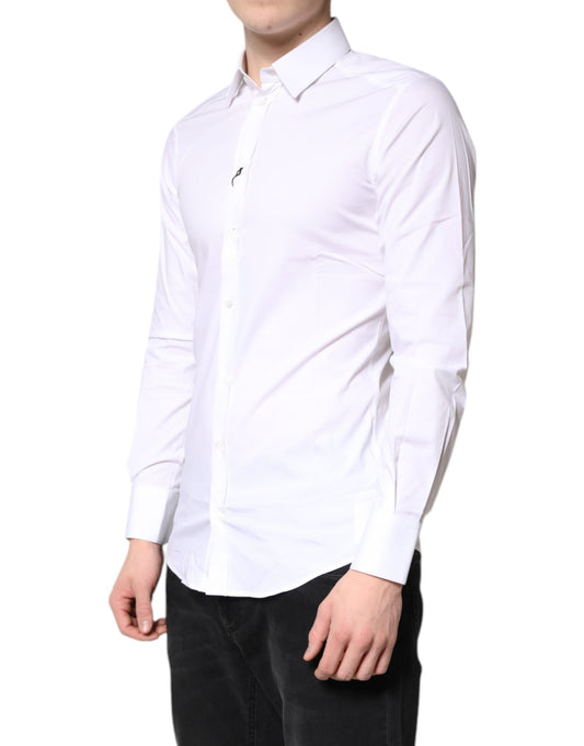 A white cotton stretch dress shirt with long sleeves and a gold design