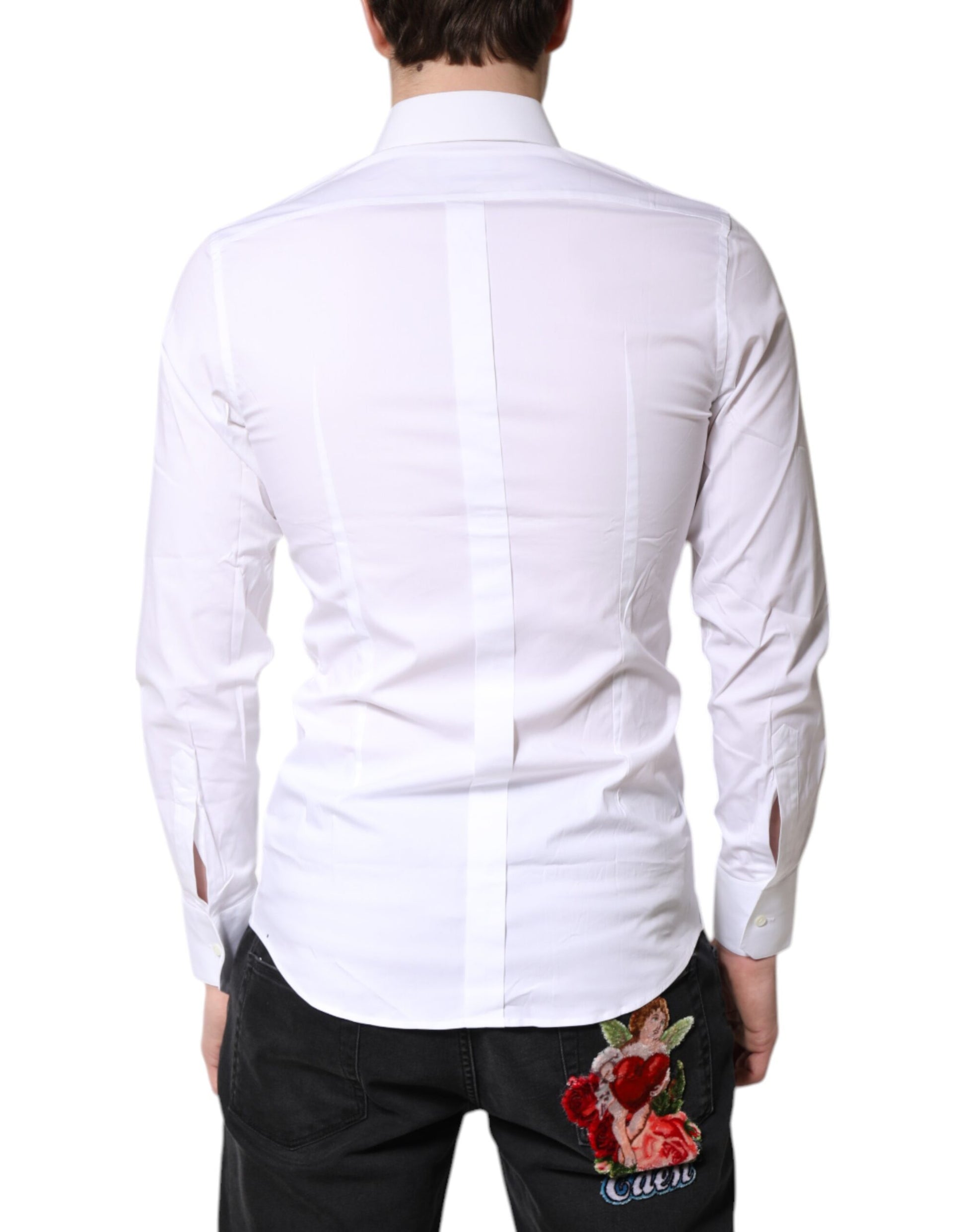 A white cotton stretch dress shirt with a gold design on the back