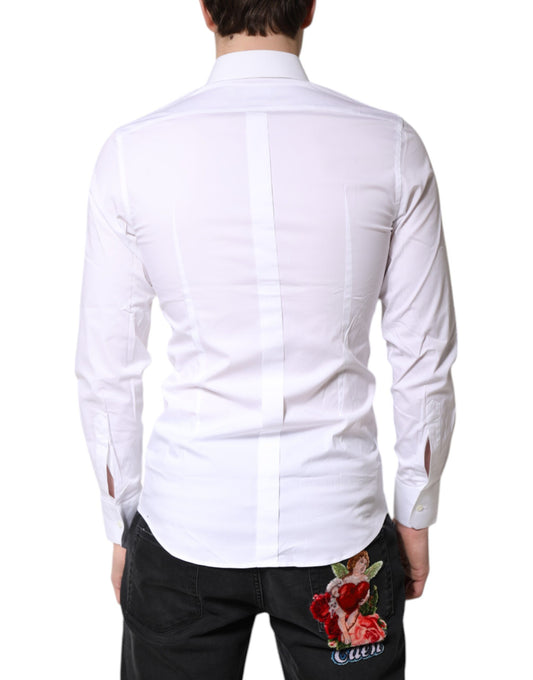 A white cotton stretch dress shirt with a gold design on the back