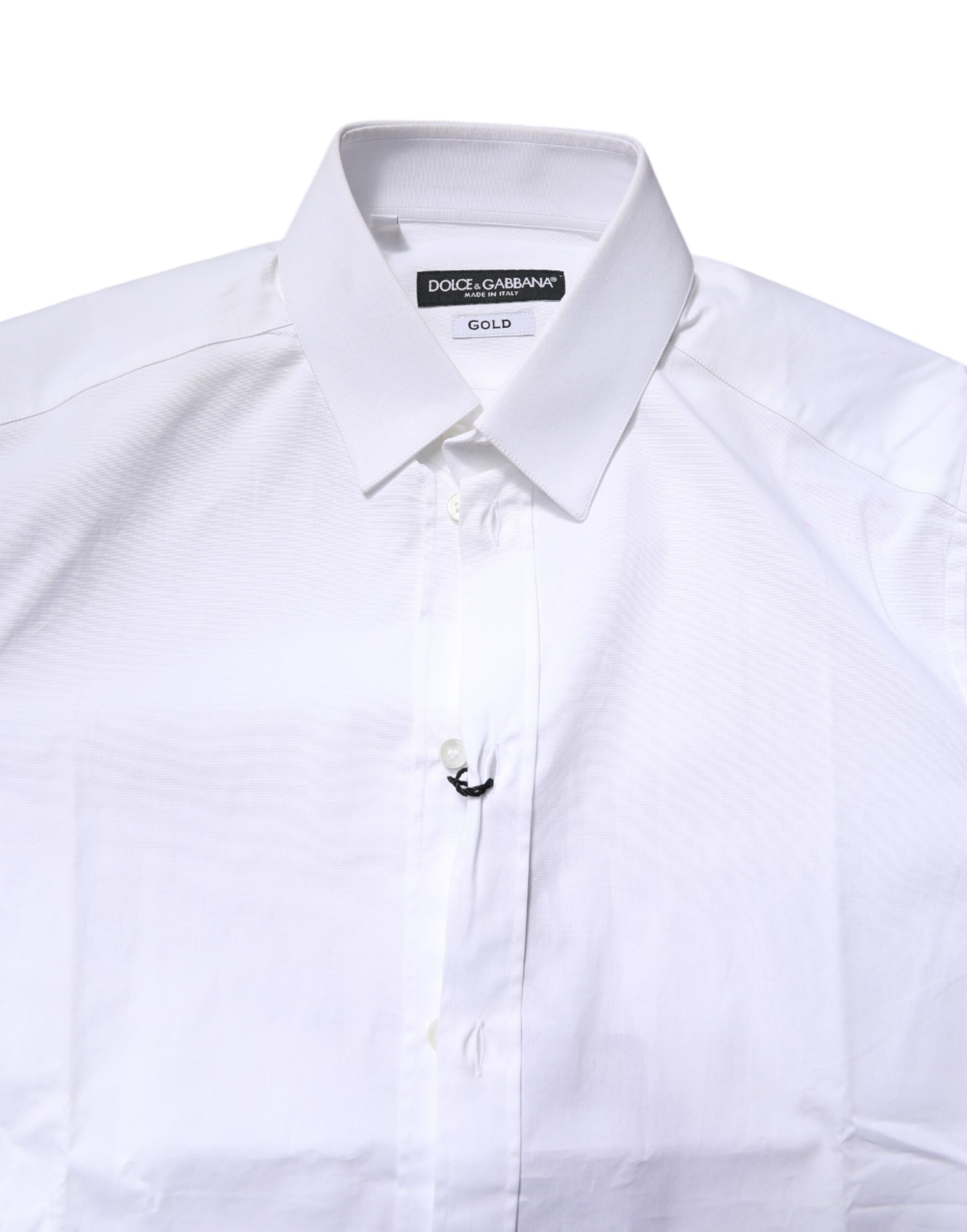 White cotton stretch shirt with gold detailing, formal wear for men