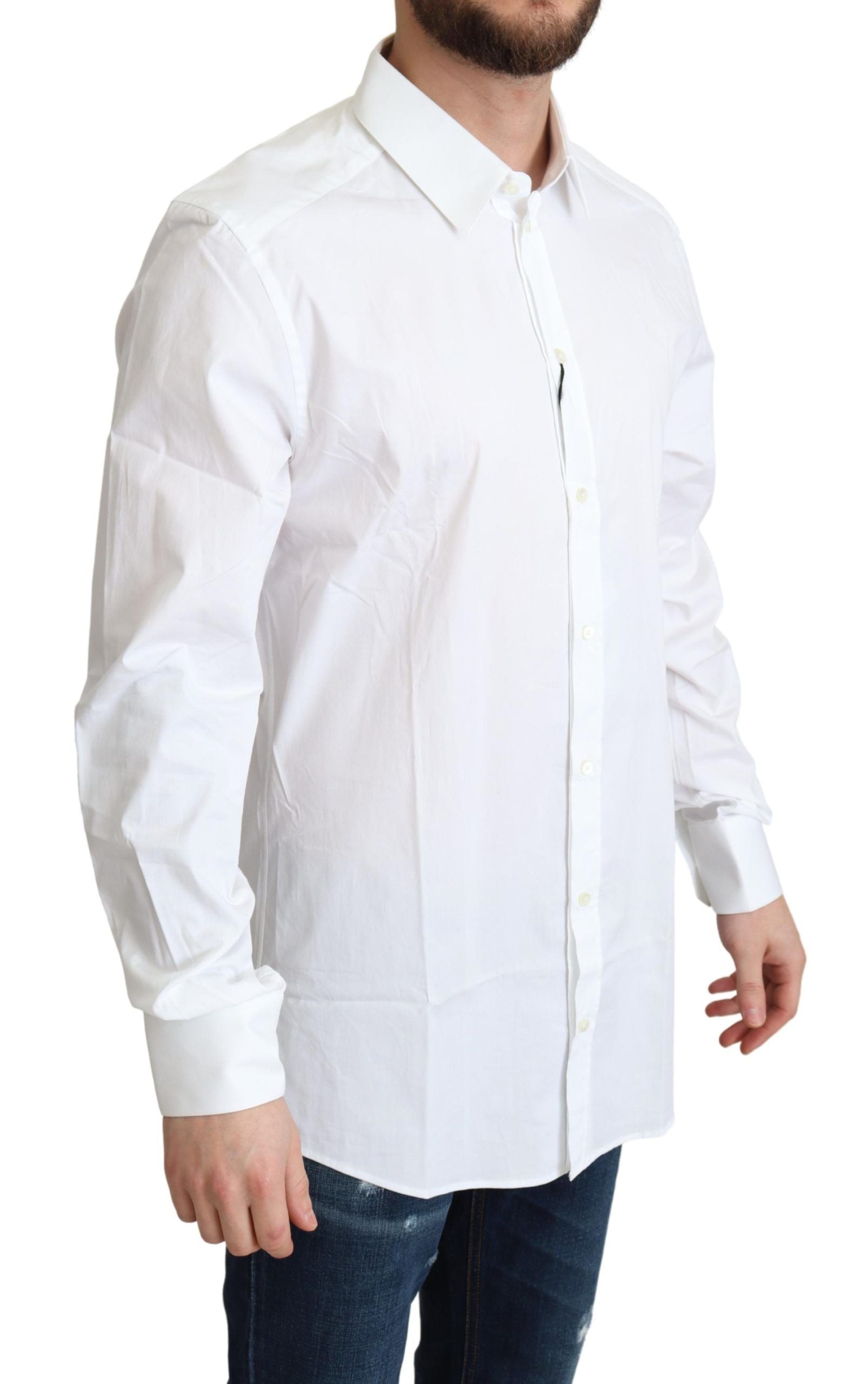 A white cotton stretch men's dress shirt with long sleeves and a collar