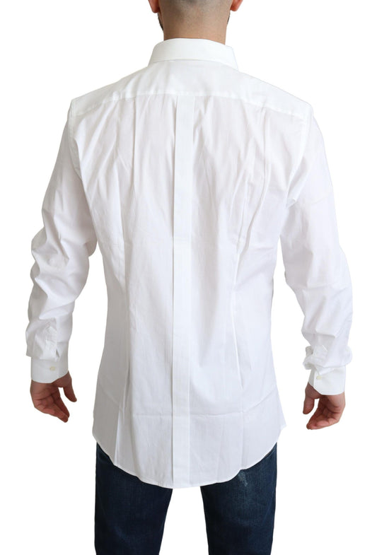 A white cotton stretch men's dress shirt with long sleeves and a collar