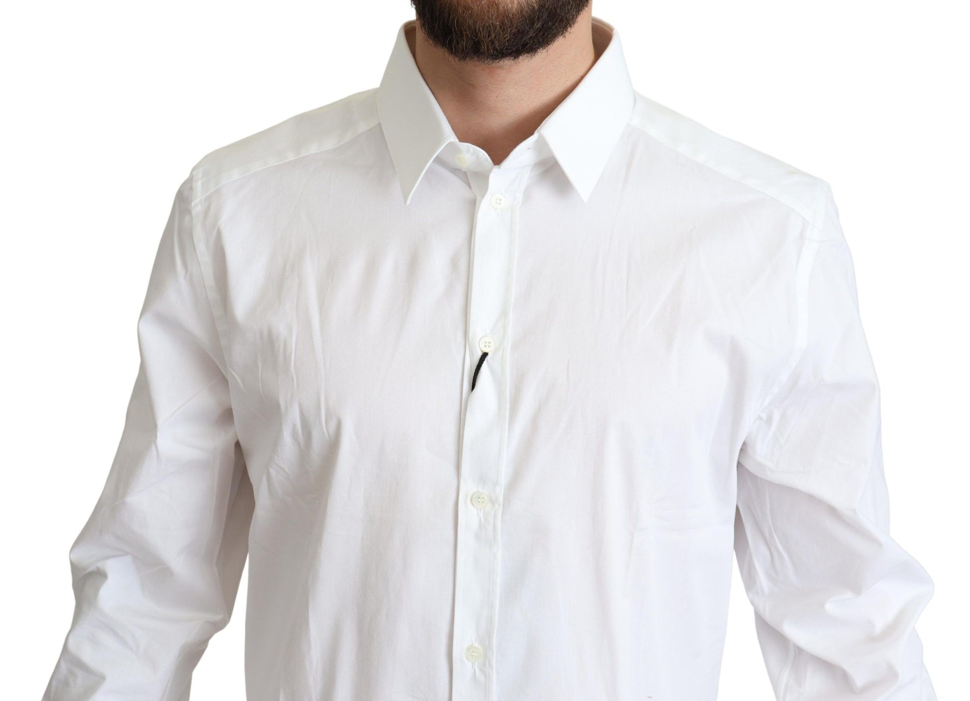A white cotton stretch men's dress shirt with a collar and buttons