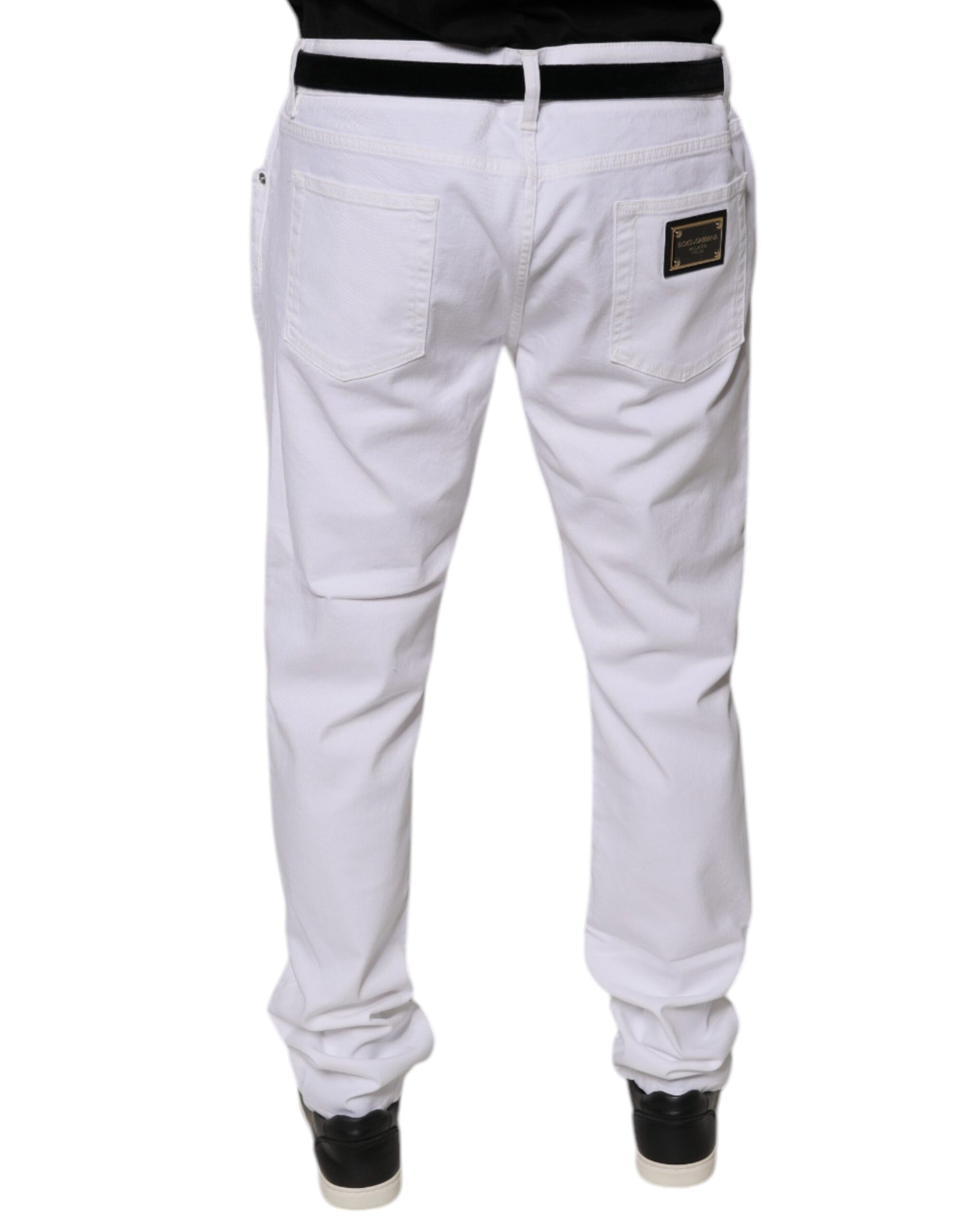 Pair of white jeans with black stripes on sides