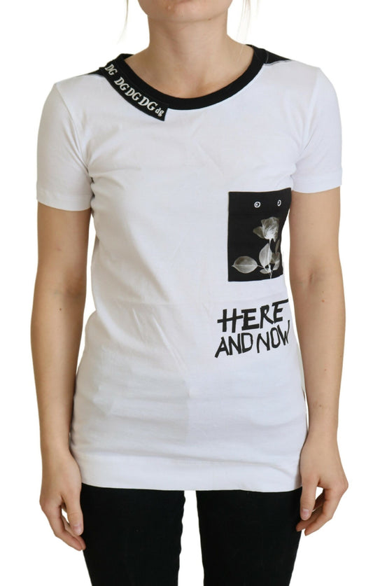 White t-shirt with black graphic on front