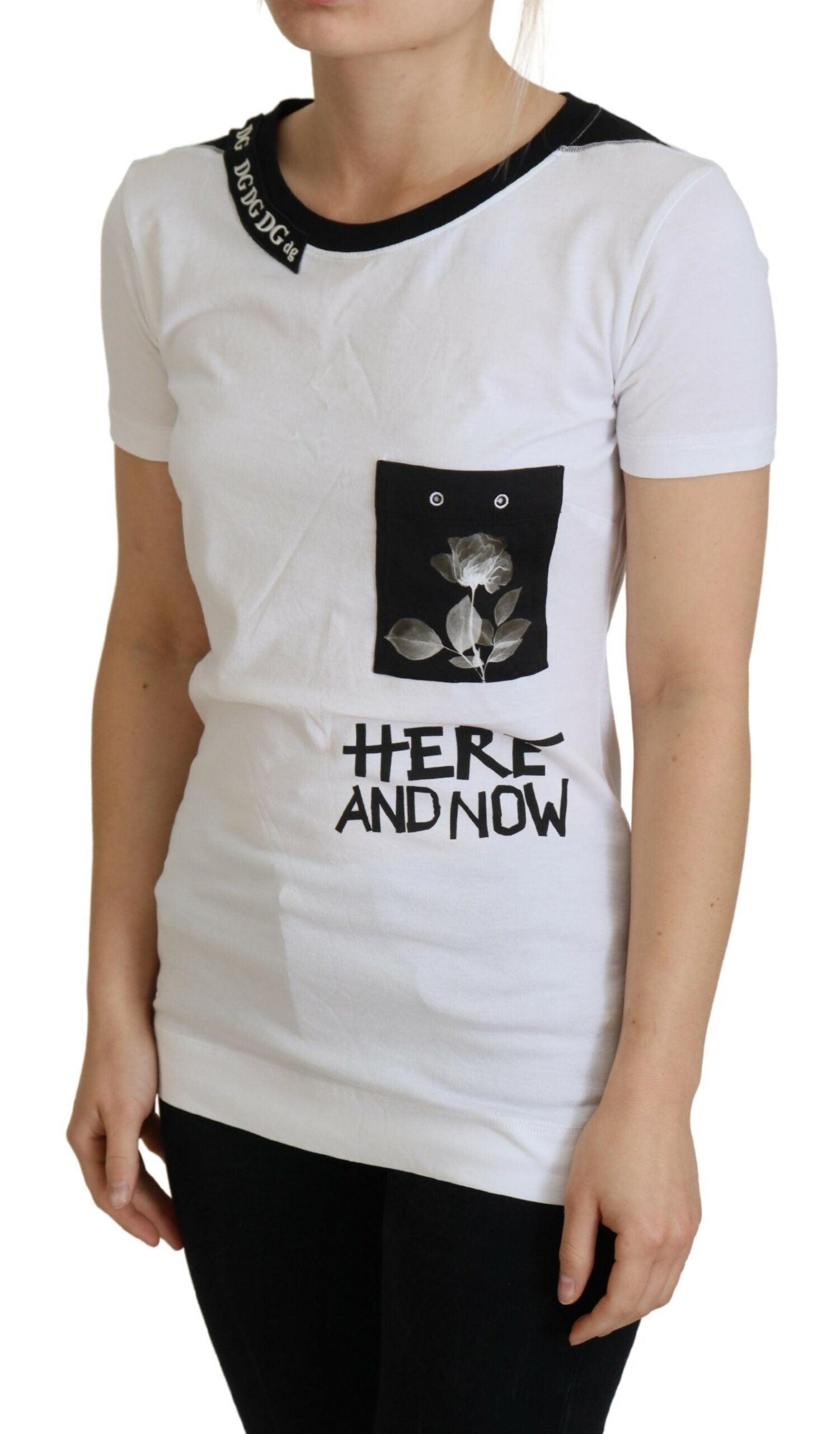 White t-shirt with graphic design on front