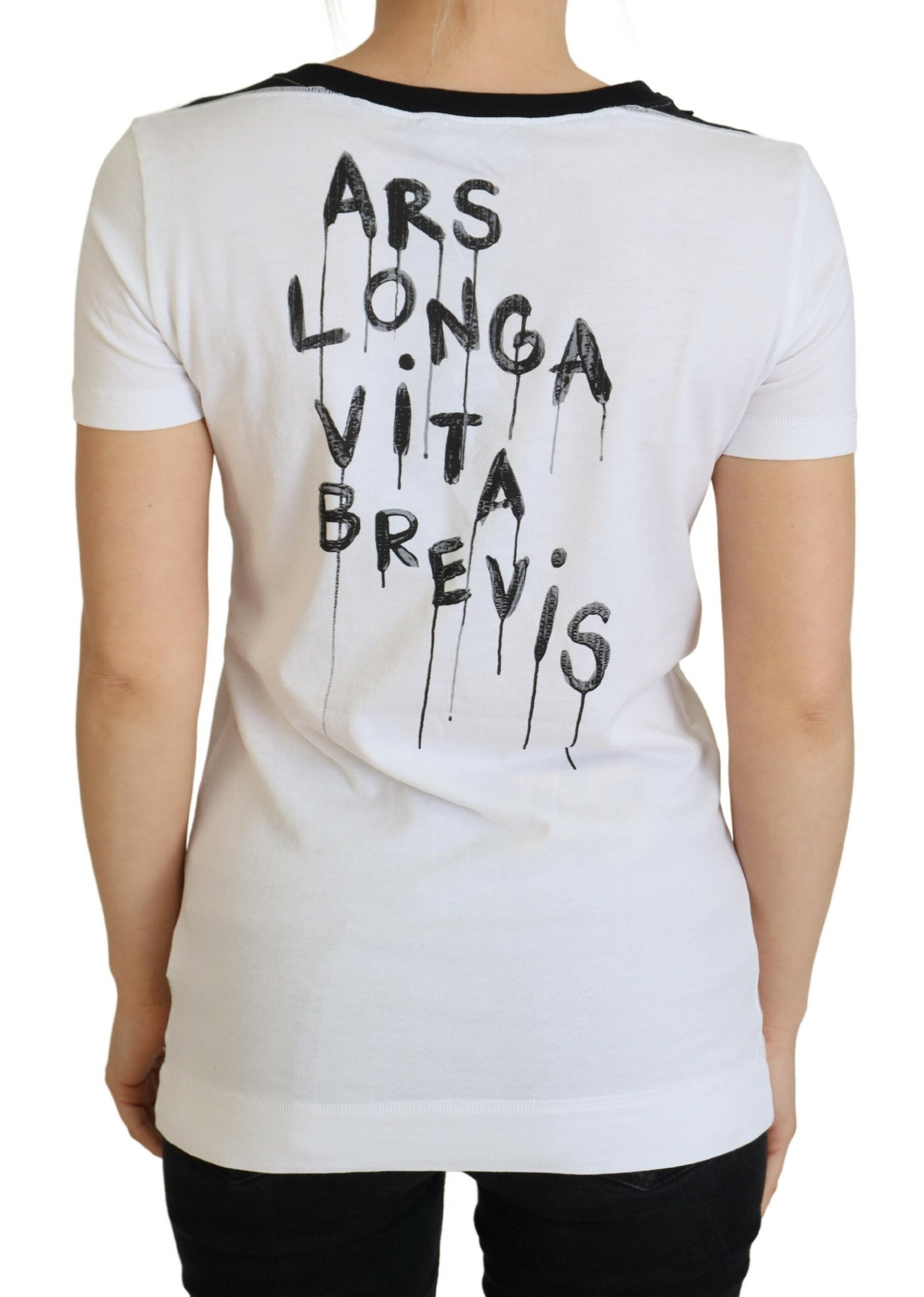 White t-shirt with black writing on back