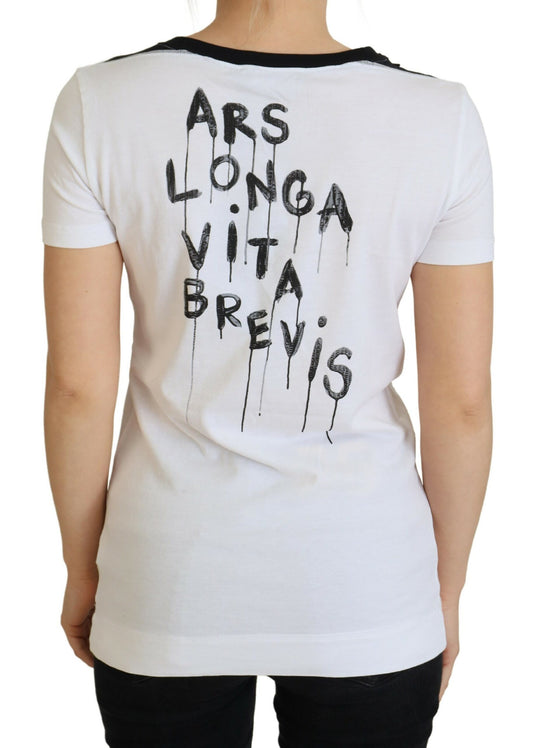 White t-shirt with black writing on back