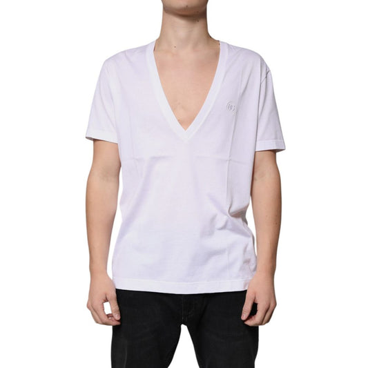A white cotton t-shirt with a v-neckline, featuring a logo on the left chest