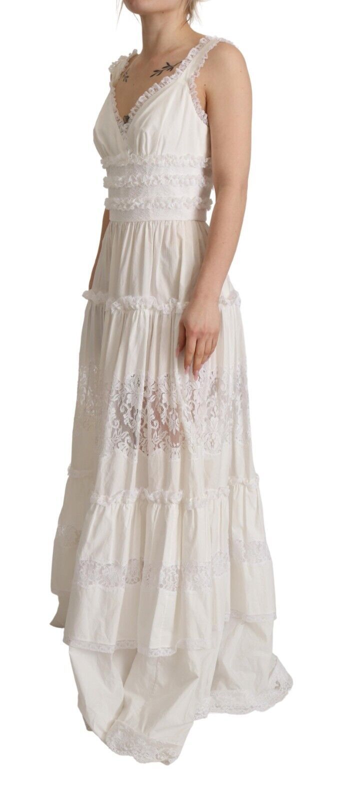 White cotton tiered long maxi dress with lace detailing