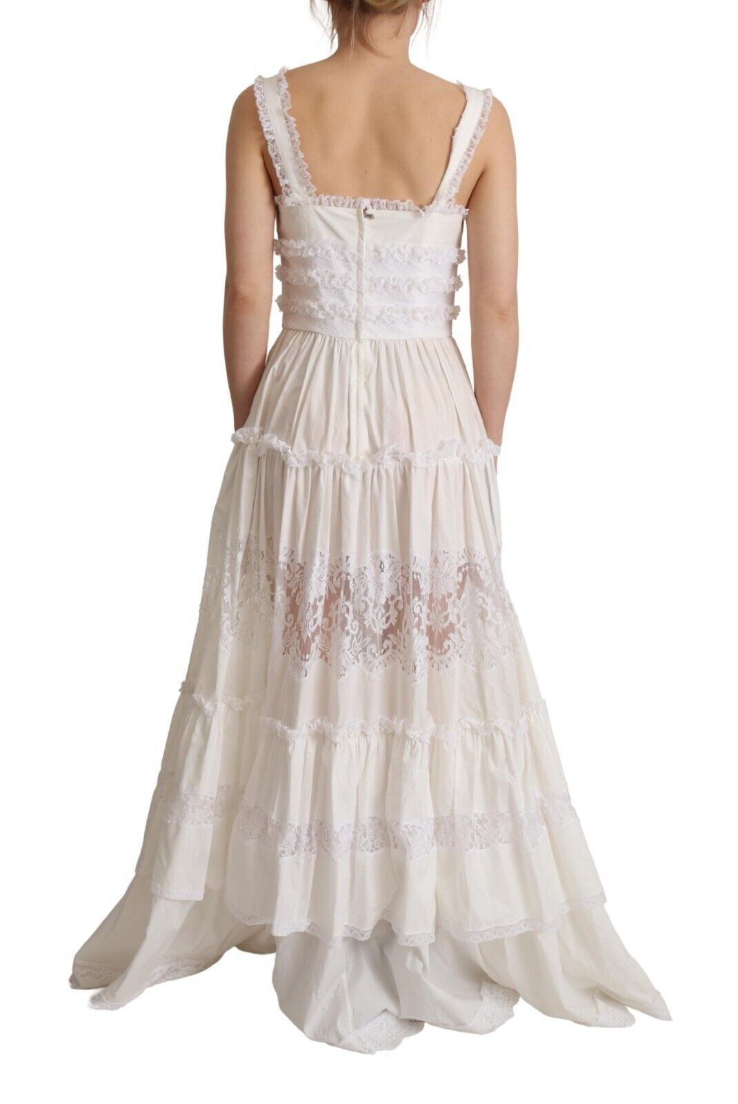 Long white cotton dress with tiered ruffles and lace detailing