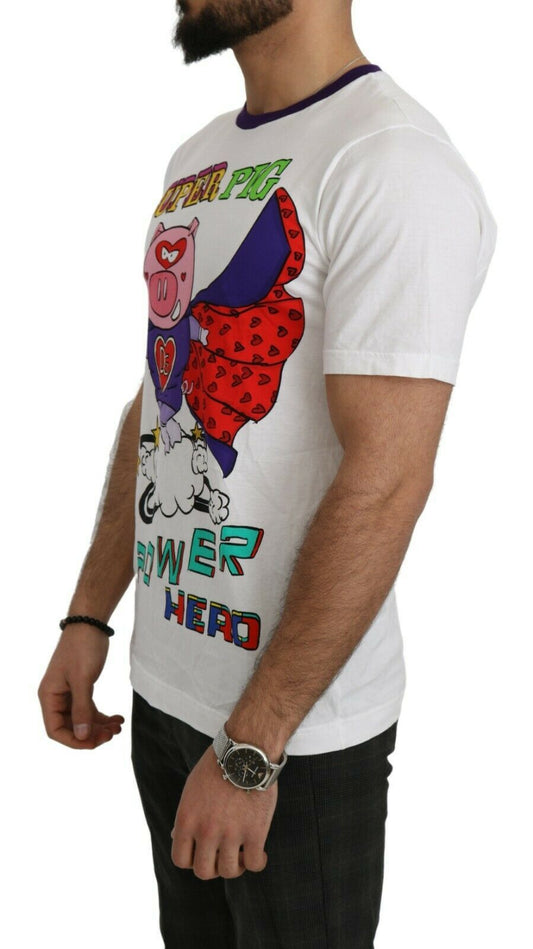 A white cotton t-shirt with a graphic of a pig wearing a cape and the text "Super Power Pig" on it