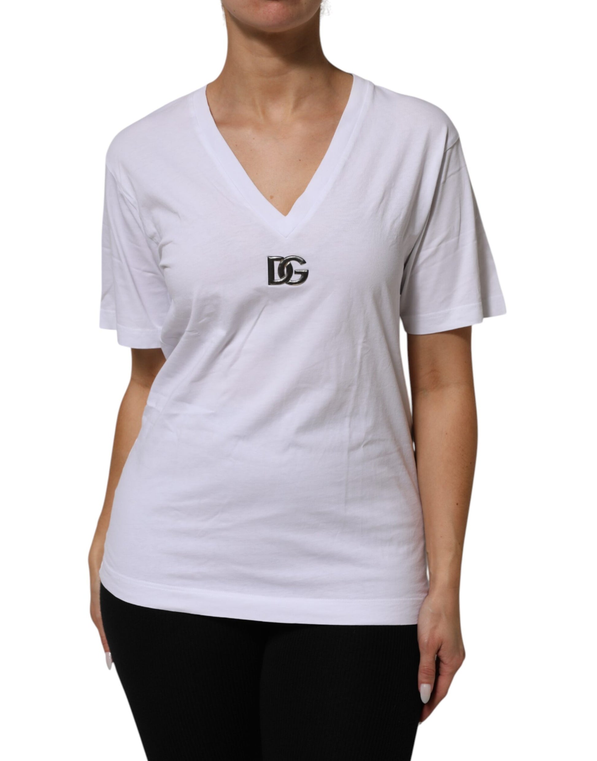 White v-neck t-shirt on woman