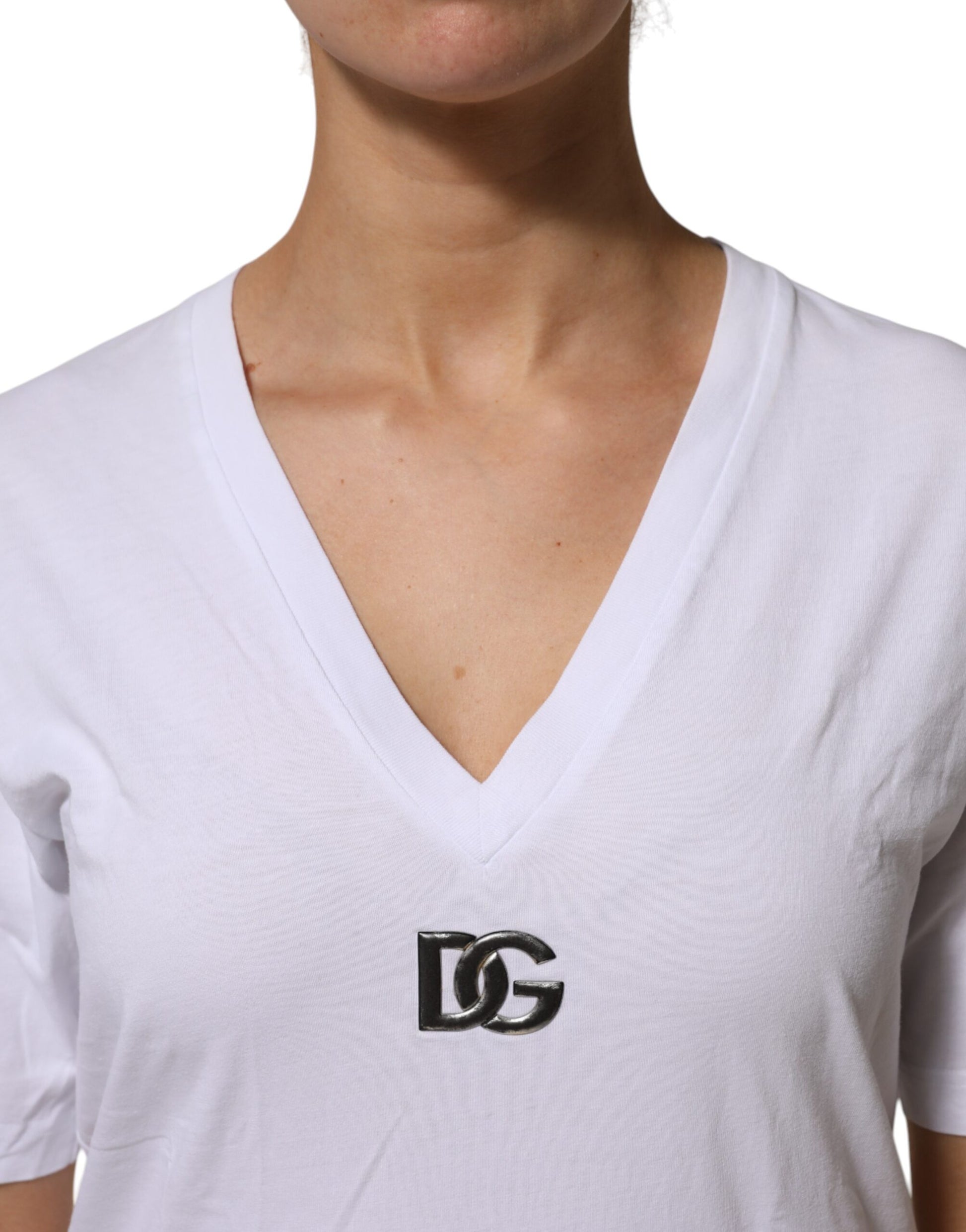 White v neck t shirt with black logo on front