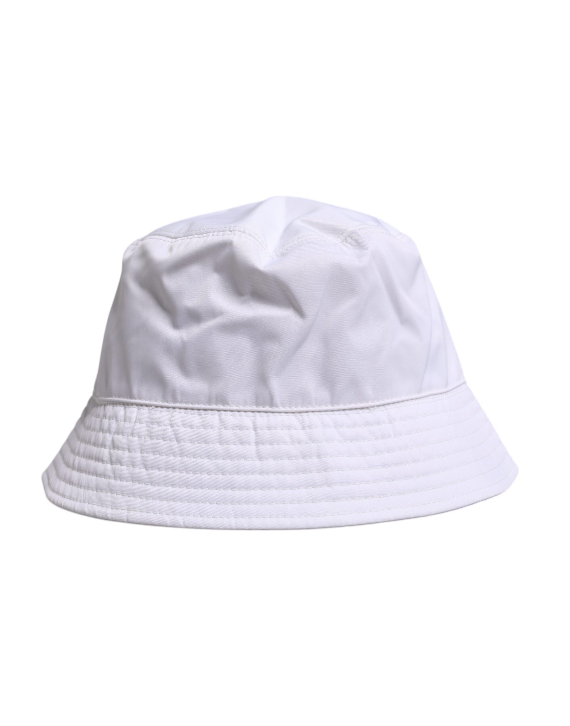 White bucket hat with drawstring closure