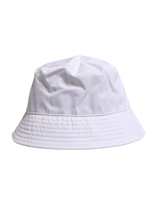 White bucket hat with drawstring closure