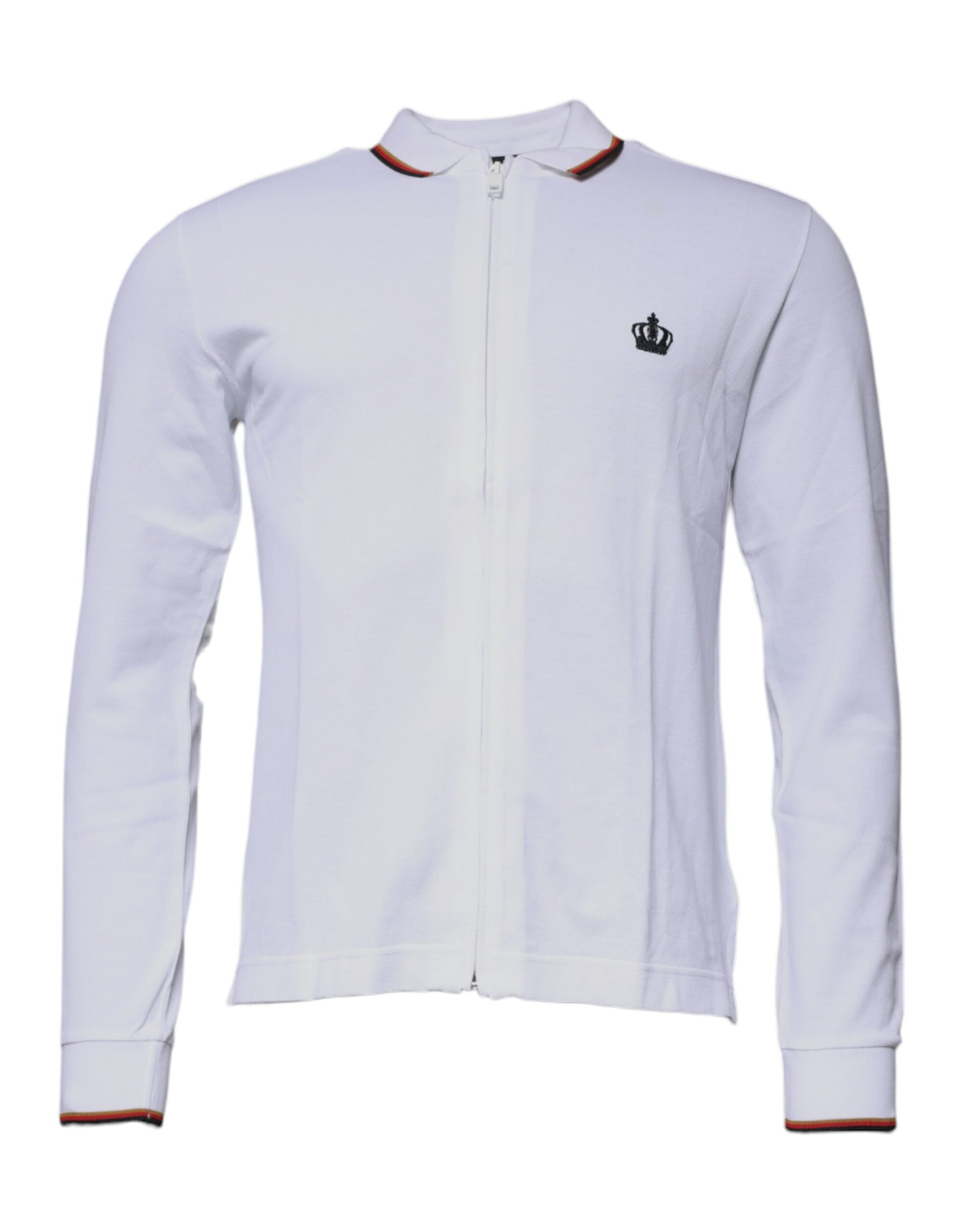 White long sleeve sweater with red stripe on collar