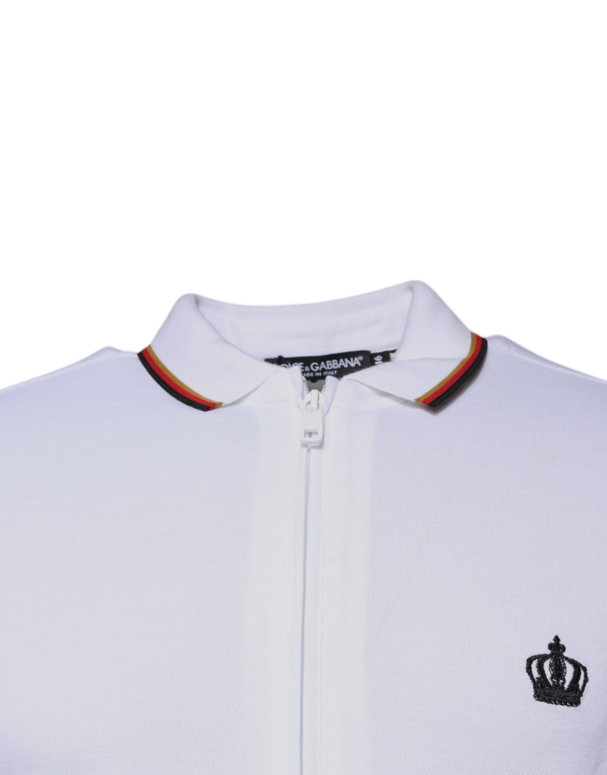 White polo shirt with black collar and red stripe