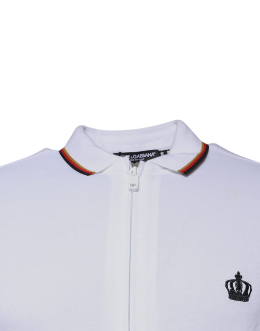 White polo shirt with black collar and red stripe