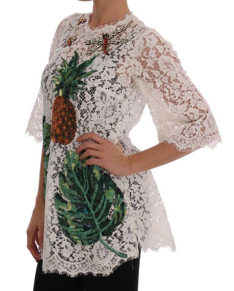 White lace top with tropical leaf design