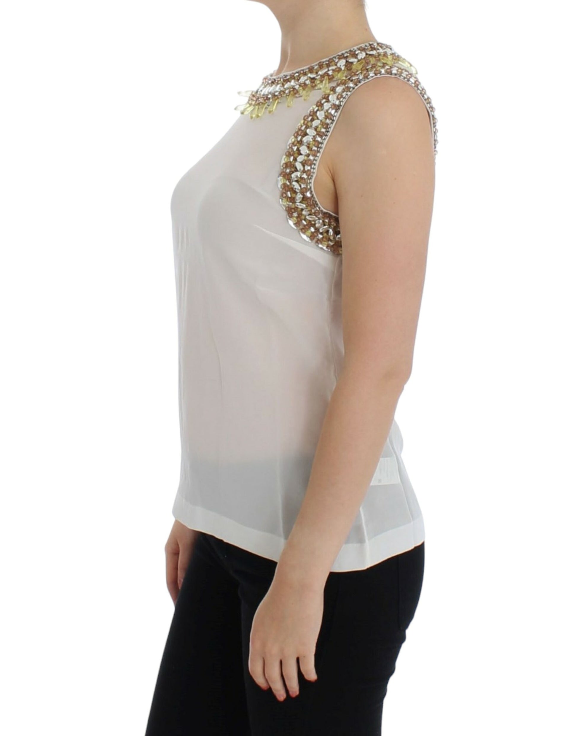 White sleeveless top with embellished neckline