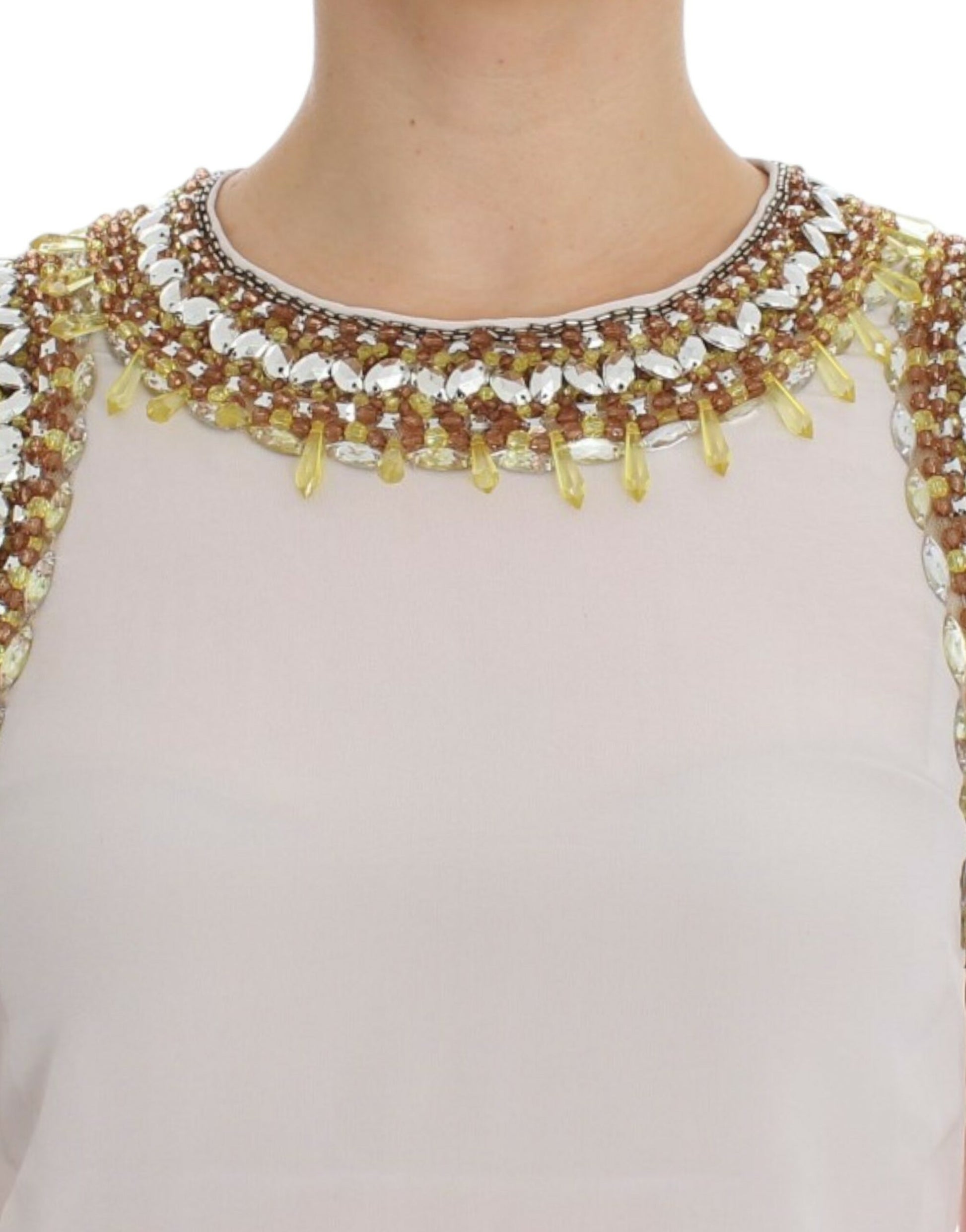 Woman wearing a beaded necklace