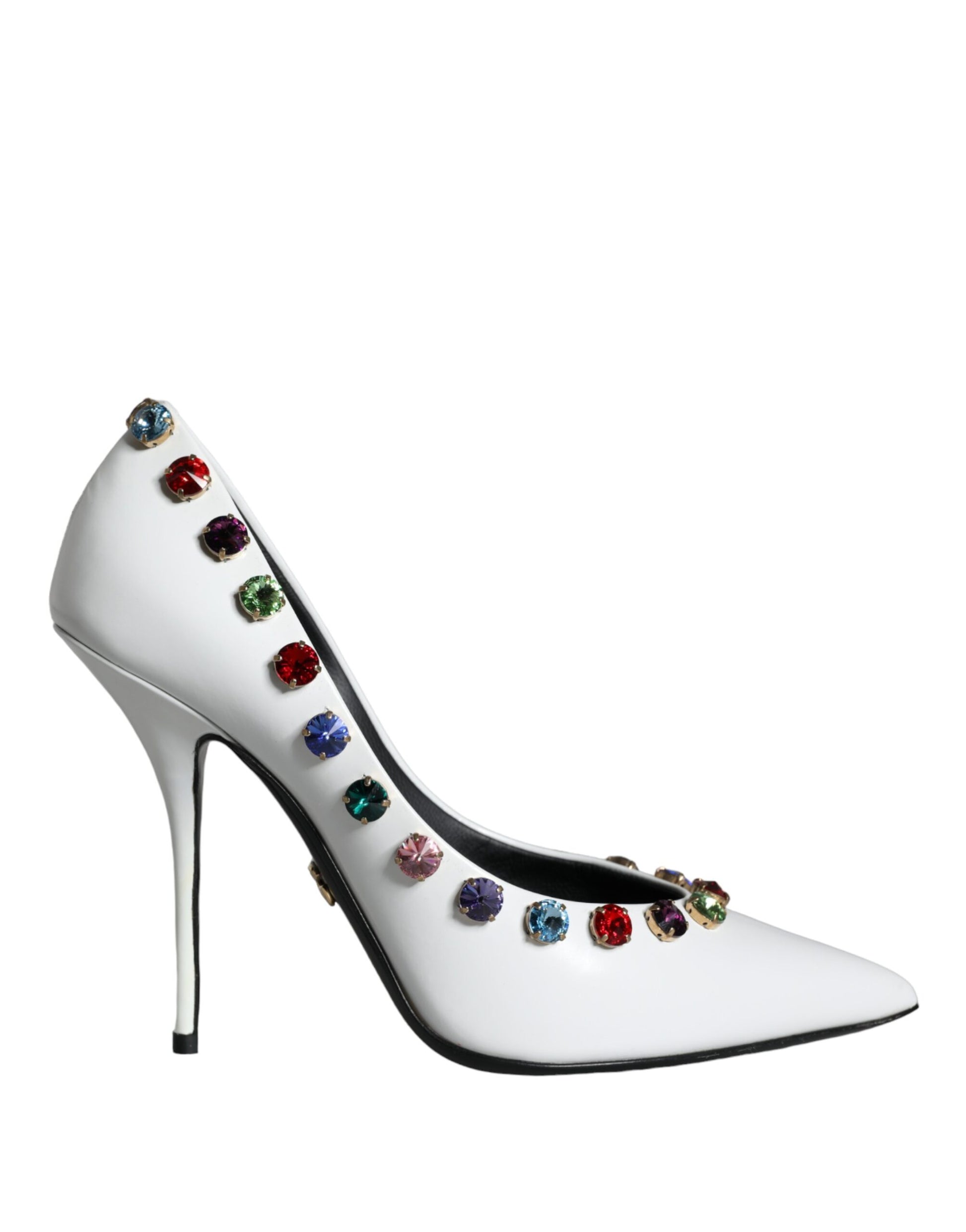 White high heel shoe with colorful jewels on the side