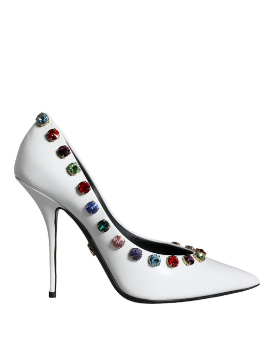 White high heel shoe with colorful jewels on the side