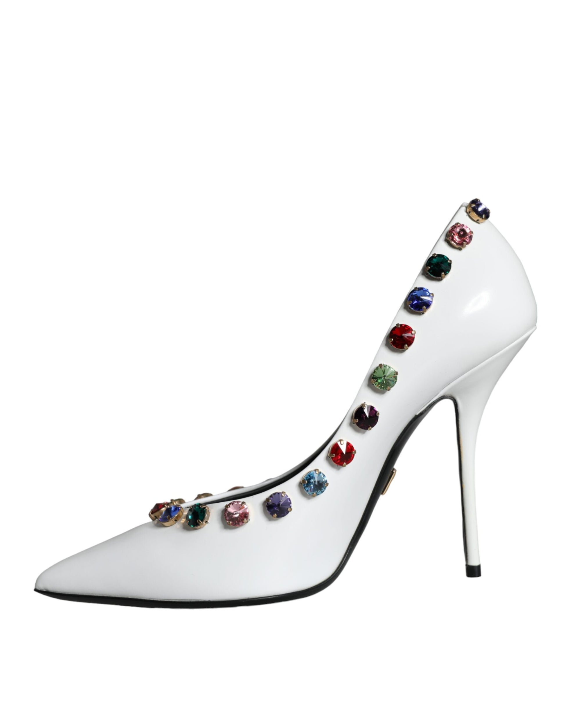 White high heel shoe adorned with multiple gemstones on the side