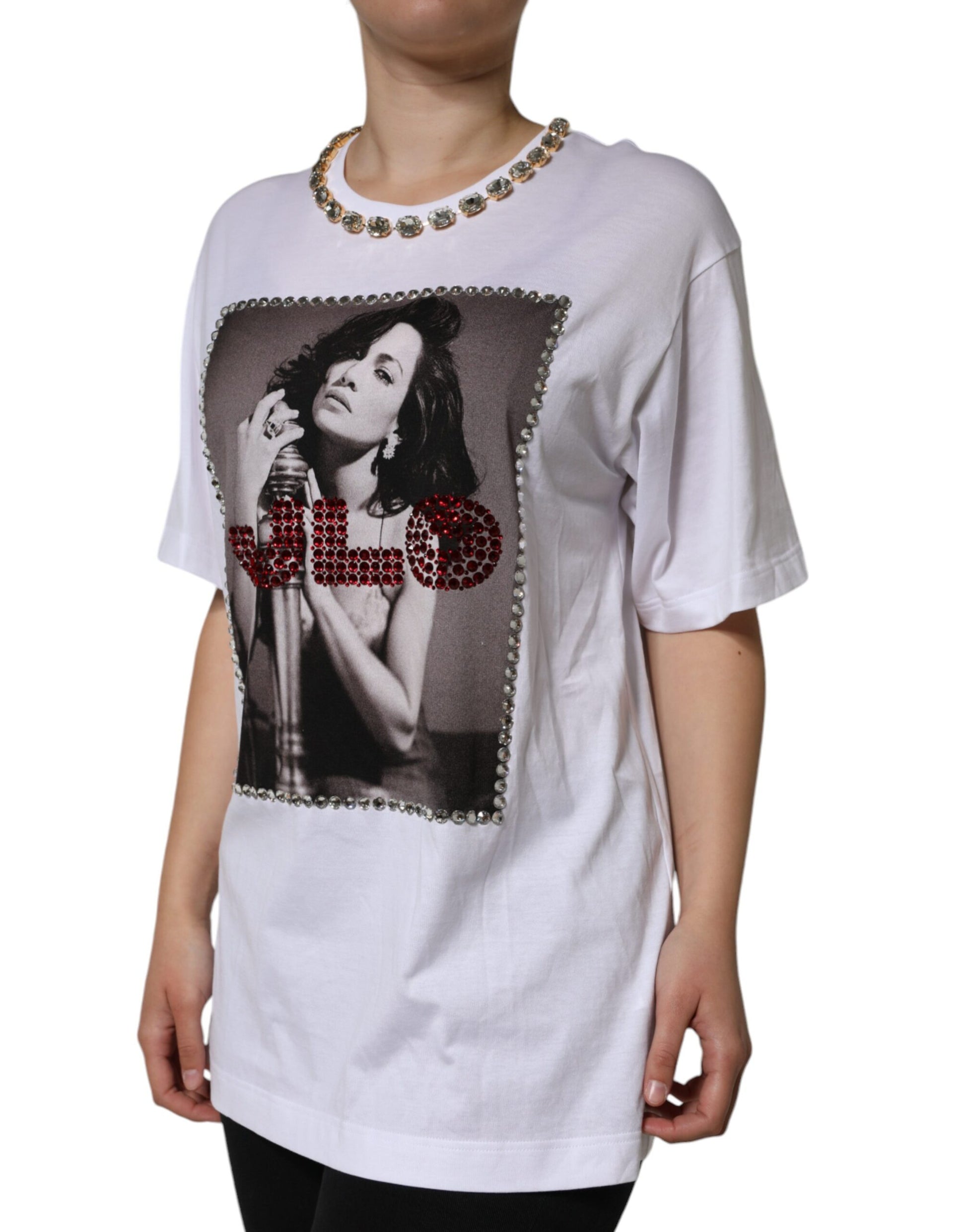 White t-shirt with a graphic print on front featuring a woman singing into a microphone