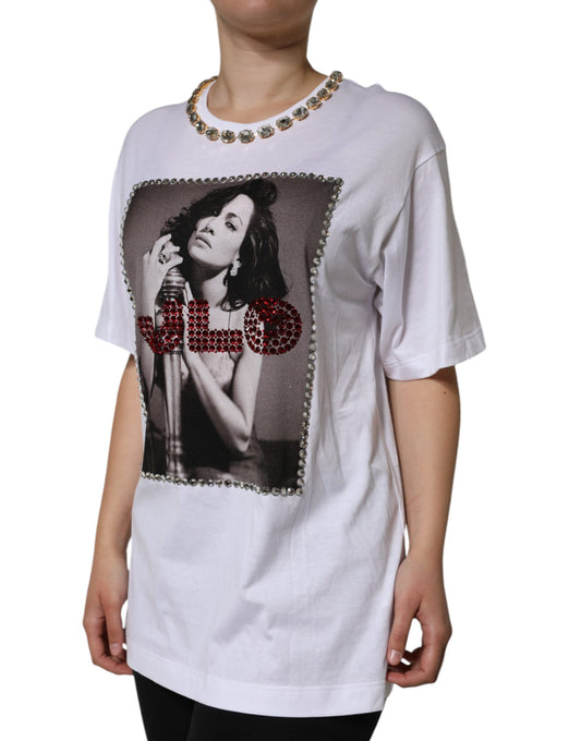 White t-shirt with a graphic print on front featuring a woman singing into a microphone