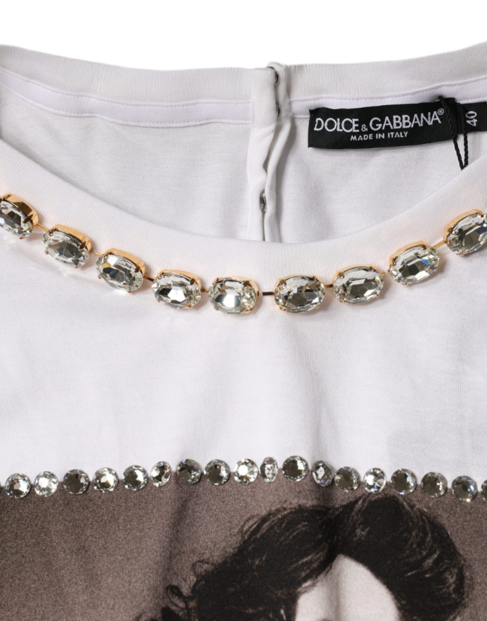 White shirt with gold beads on neckline