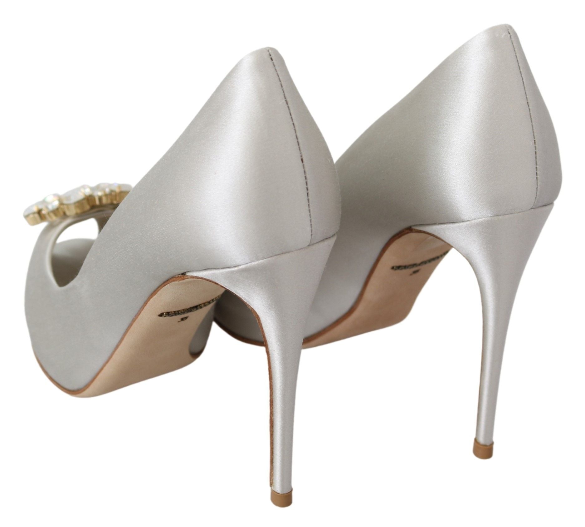 Silver high heel shoes with pointed toe and ankle strap