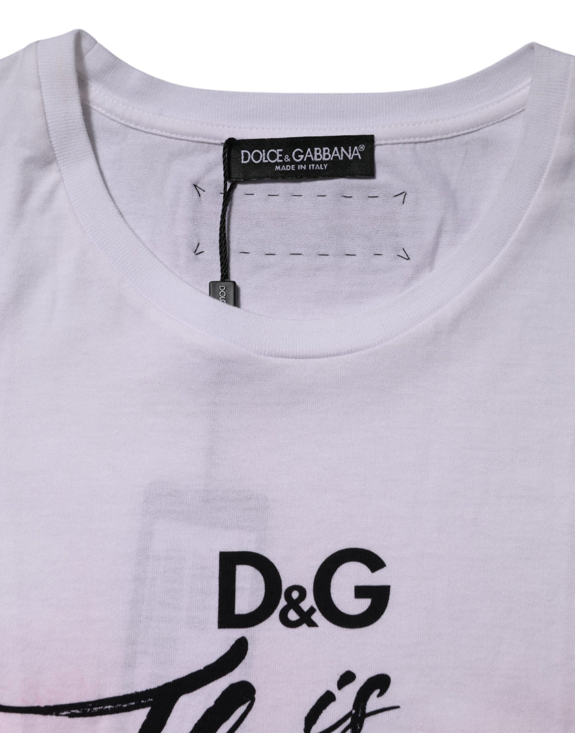 White t-shirt with black logo on front