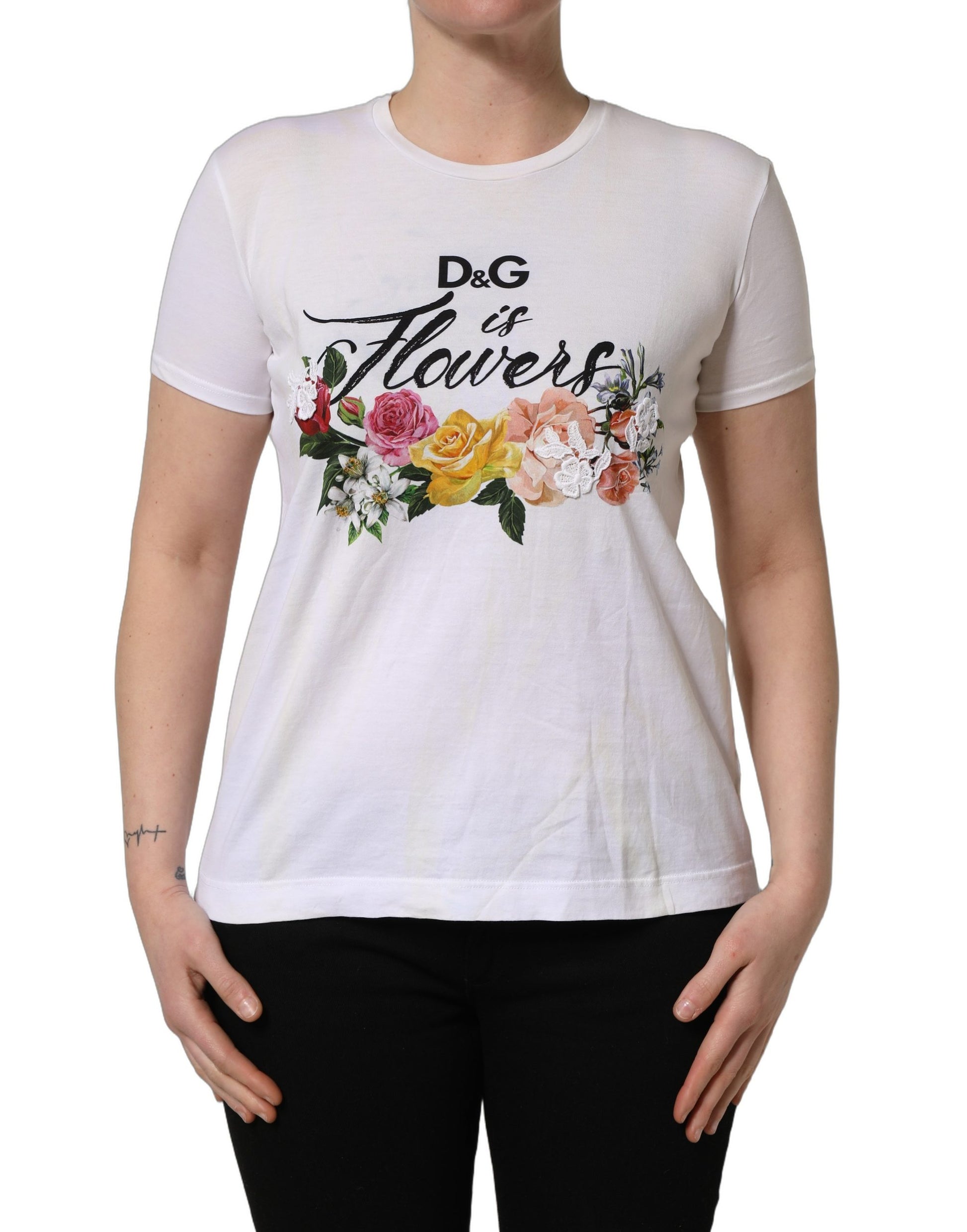 A white t-shirt with a floral print and the D&G logo
