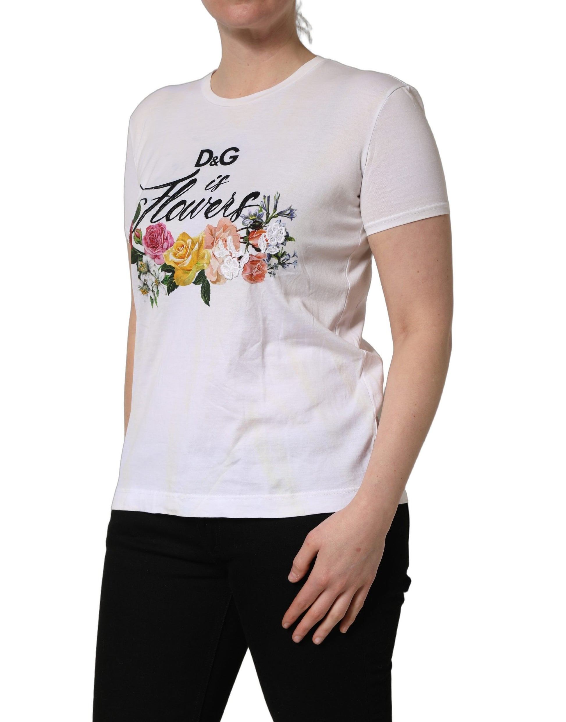 A white t-shirt with a floral print and the D&G logo