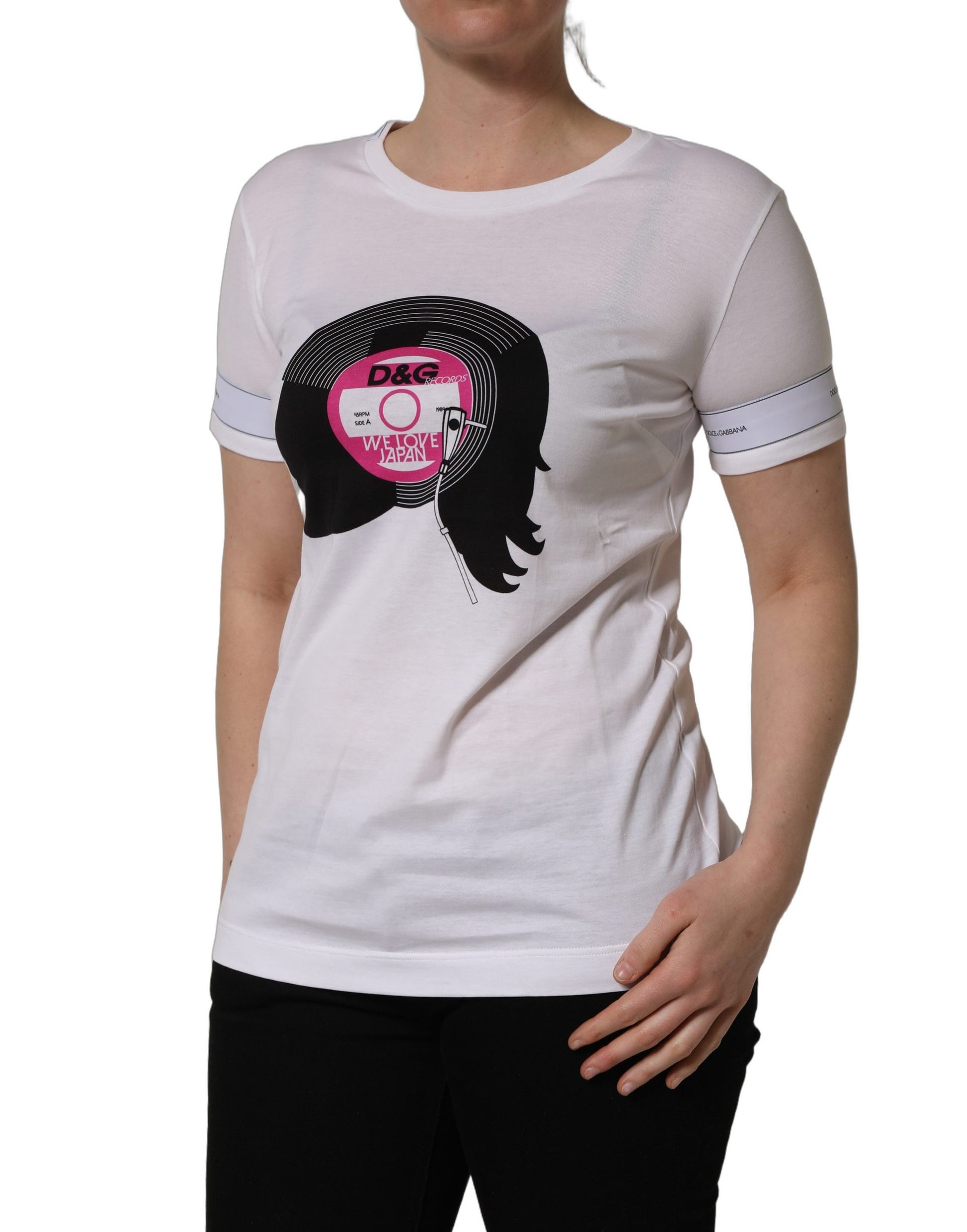 White cotton t-shirt with pink and black print