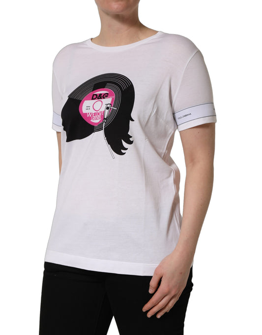 A white t-shirt with a graphic print of a woman's face and the text "WE LOVE JAPAN" on it