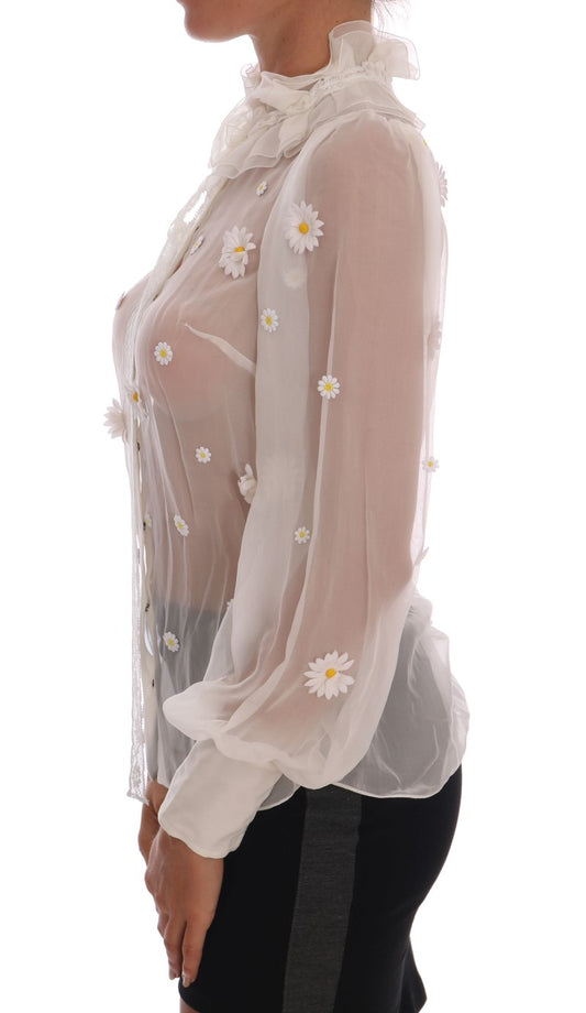 White blouse with floral pattern and puffy sleeves