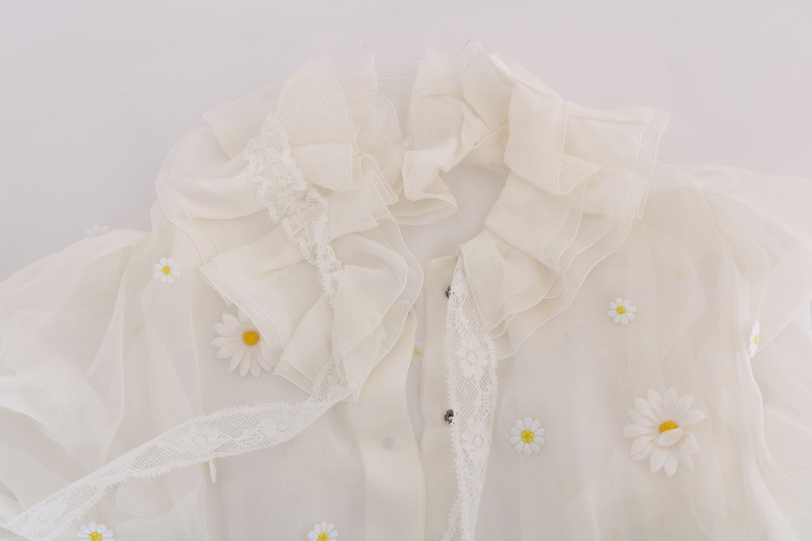 White lace dress with floral embellishments