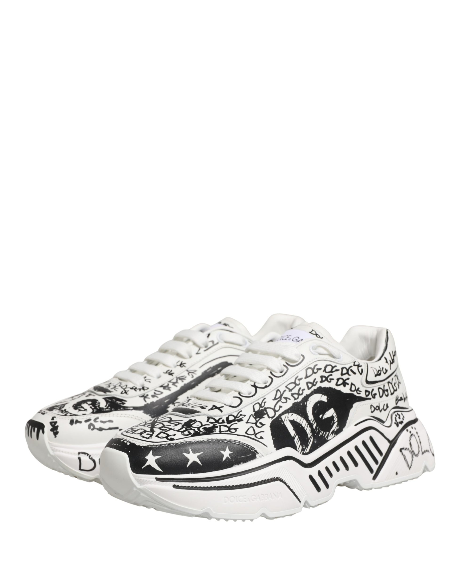 White sneakers with graffiti design, featuring stars and patterns on side panels